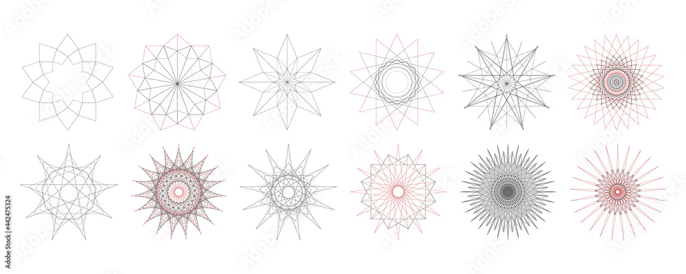 Set of geometric element design vector templates in stars, mandala, sunburst, sun rays, beams of light shape patterns. Created using AI CS6. Set of geometric element design vector templates in stars, mandala, sunburst, sun rays, beams of light shape patterns. Created using AI CS6.