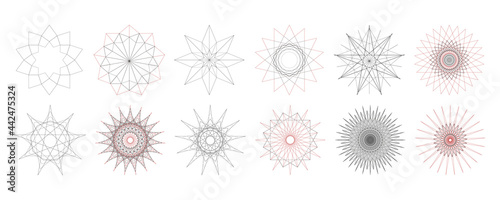 Set of geometric element design vector templates in stars, mandala, sunburst, sun rays, beams of light shape patterns. Created using AI CS6.