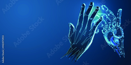 Robot arm and hand human, touch. Illustration can be used for artificial intelligence business banner design. Technological concept. Banner. Low poly vector illustration of a starry sky or Comos. 