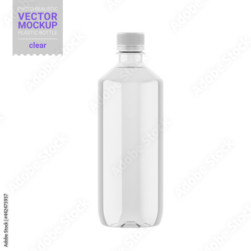 Transparent glossy plastic bottle mockup. Vector illustration.