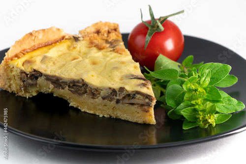 Closeup wide studio shot of a slice of yellow French salty cake, or quiche, with mushrooms on a black design plate, isolated on white background. Cherry tomatoes, green mint
