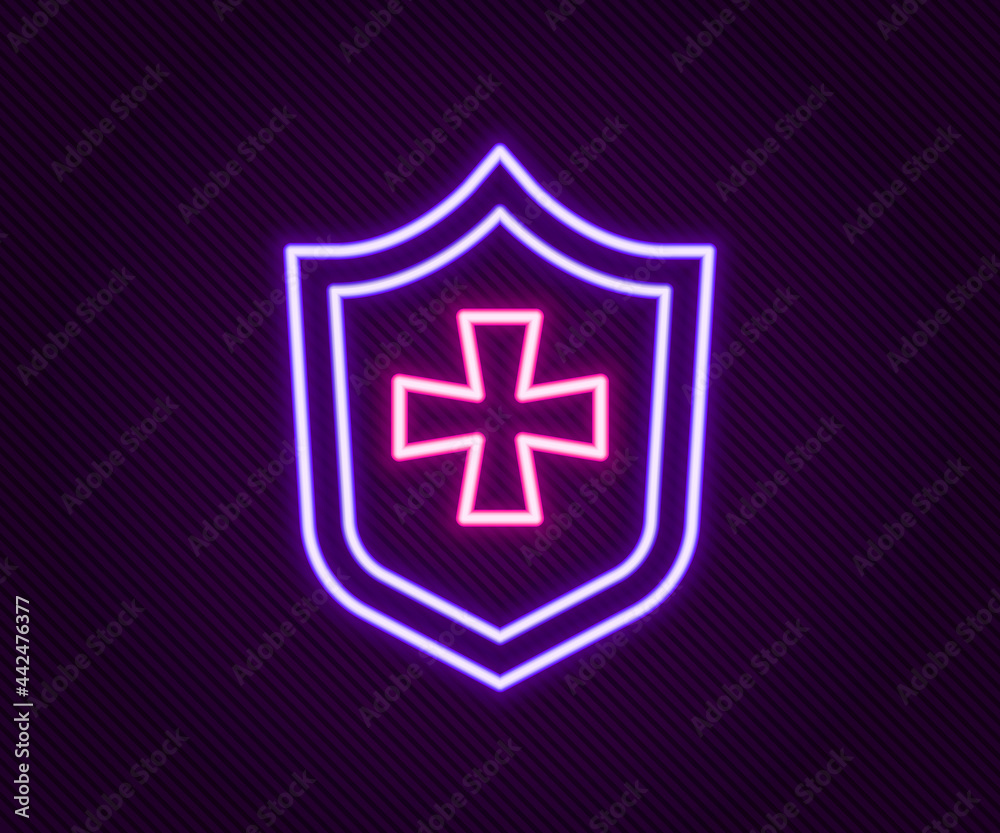 Glowing neon line Shield icon isolated on black background. Guard sign. Security, safety, protection, privacy concept. Colorful outline concept. Vector Glowing neon line Shield icon isolated on black background. Guard sign. Security, safety, protection, privacy concept. Colorful outline concept. Vector