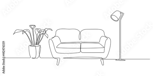 One continuous Line drawing of couch and lamp and plant. Modern flat furniture for living room interior in simple linear style. Editable stroke Vector illustration