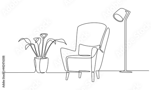 One continuous Line drawing of armchair and lamp and plant. Modern flat furniture for living room interior in simple linear style. Editable stroke Vector illustration
