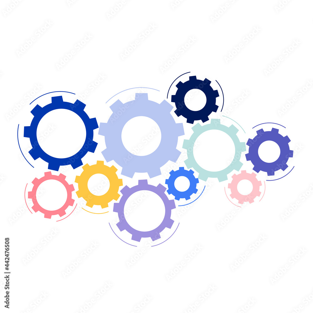 Gear mechanism vector illustration. Symbol of connection, business, cooperation, teamwork and motion. Abstract cogwheel in flat minimal style Gear mechanism vector illustration. Symbol of connection, business, cooperation, teamwork and motion. Abstract cogwheel in flat minimal style
