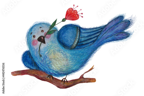  beautiful blue bird with a red flower in its beak sits on a branch. Watercolor. Character for postcards  decor  posters and design. Isolated illustration on white background