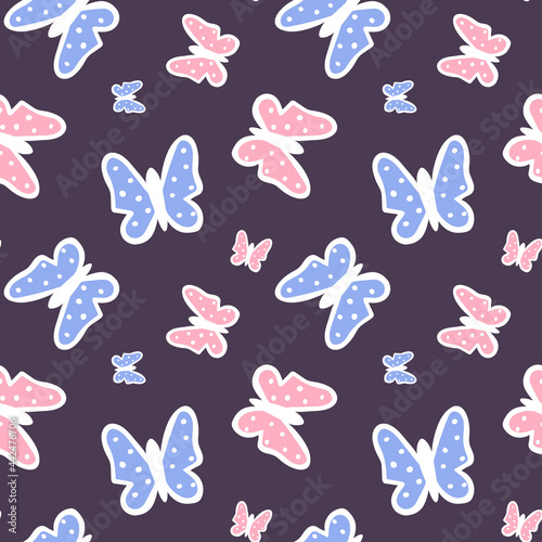 Multicolored butterflies on a dark background. Seamless pattern for the nursery. Vector endless texture