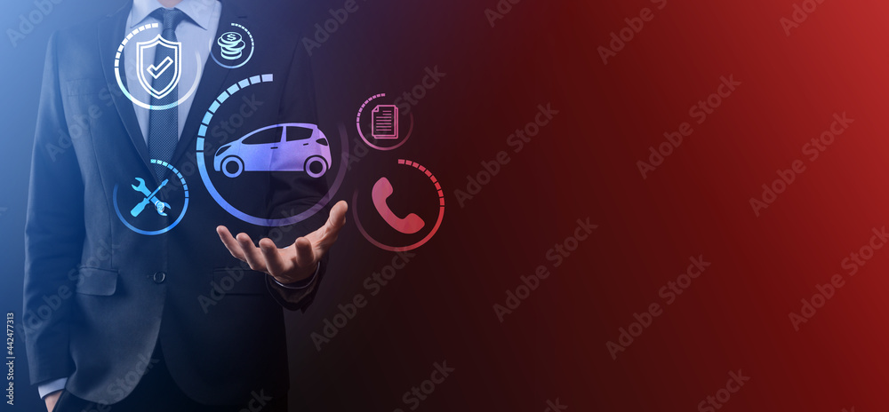 Fototapeta premium Digital composite of Man holding car icon.Car automobile insurance and car services concept. Businessman with offering gesture and icon of car