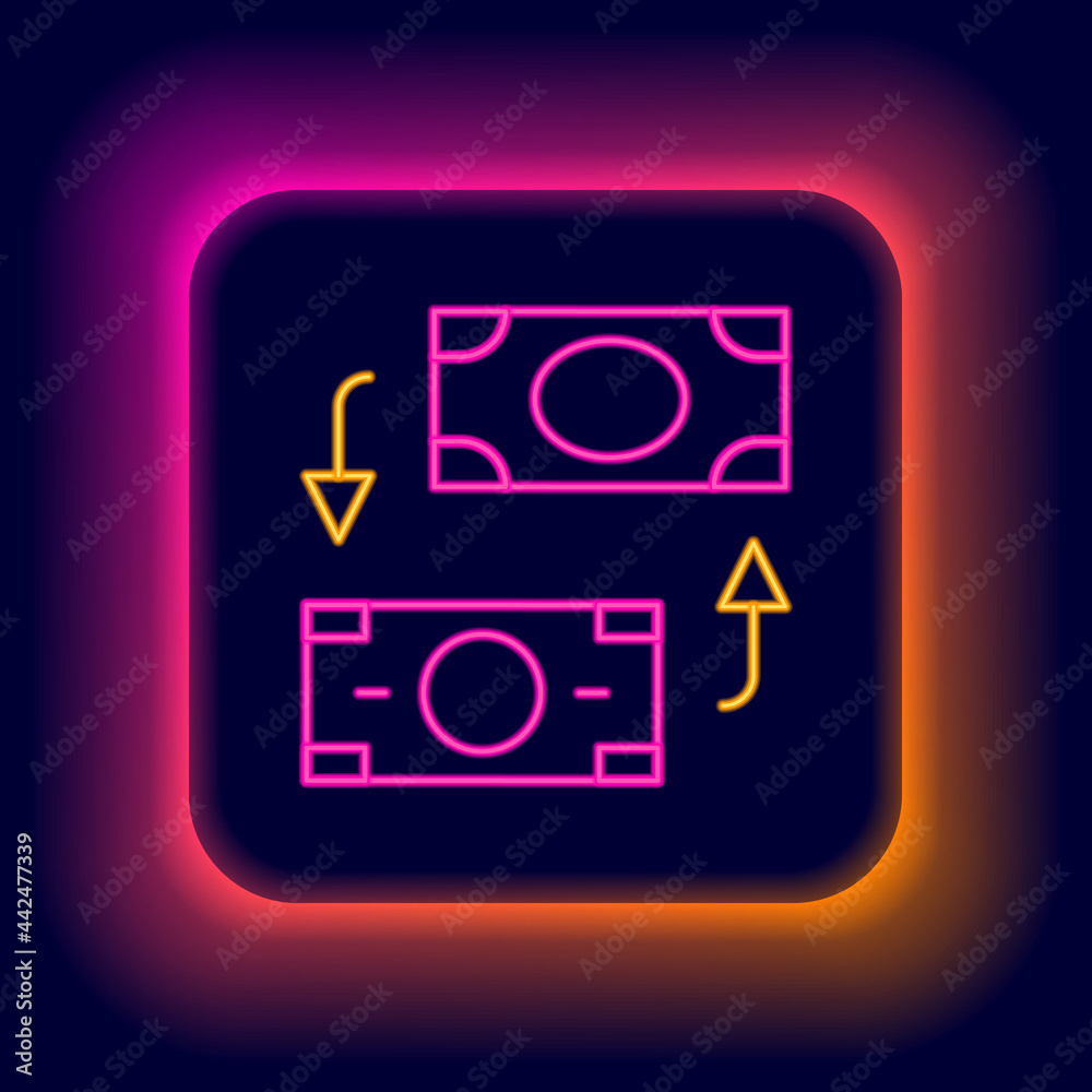 Glowing neon line Money exchange icon isolated on black background. Cash transfer symbol. Banking currency sign. Colorful outline concept. Vector Glowing neon line Money exchange icon isolated on black background. Cash transfer symbol. Banking currency sign. Colorful outline concept. Vector