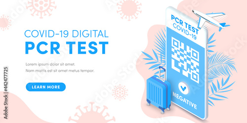 Electronic pcr coronavirus test, health passport QR code on smartphone screen vector isometric banner concept. Covid-19 negative certificate for safe tourism on mobile phone. Health pass app