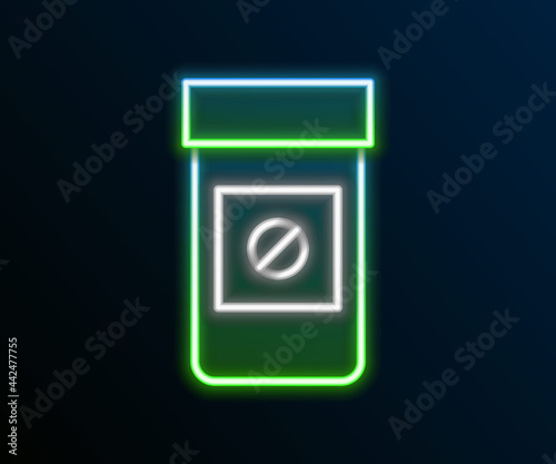 Glowing neon line Sports doping, anabolic drugs icon isolated on black background. Anabolic steroids tablet. Pills in jar. Colorful outline concept. Vector