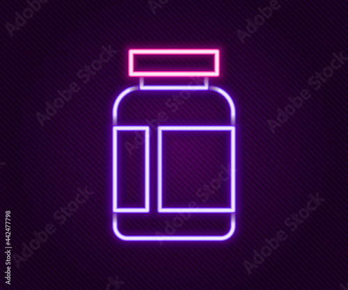 Glowing neon line Sports nutrition bodybuilding proteine power drink and food icon isolated on black background. Colorful outline concept. Vector