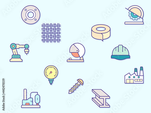 Factory and industrial element Vector illustration. pressure meter, geothermal energy, welding, steel, structure, electric, construction, tool, metallurgy and more. Flat illustration.