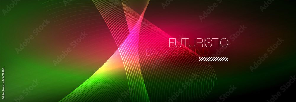 Abstract neon glowing light in the dark with waves. Shiny magic energy and motion concept, vector abstract wallpaper background Abstract neon glowing light in the dark with waves. Shiny magic energy and motion concept, vector abstract wallpaper background