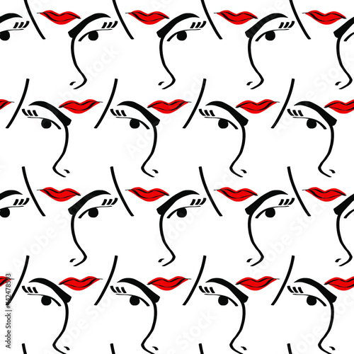 Abstract One Line Drawing Women Faces and Lips Seamless Vector Pattern Isolated Background