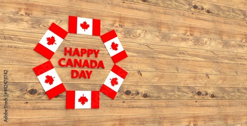 3D Canada flag rotate arrange around happy Canada day text on abstract background for design content. 3D rendering.