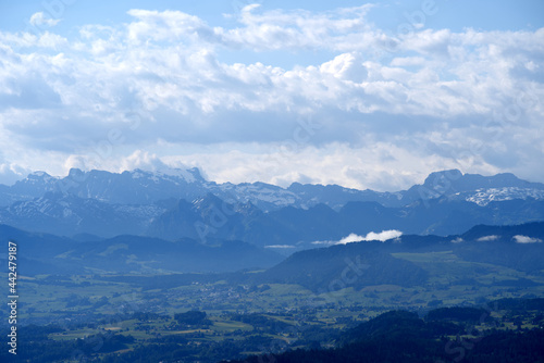 Beautiful panoramic landscape seen from local mountain Uetliberg canton Zurich on a summer morning. Photo taken June 29th  2021  Zurich  Switzerland.