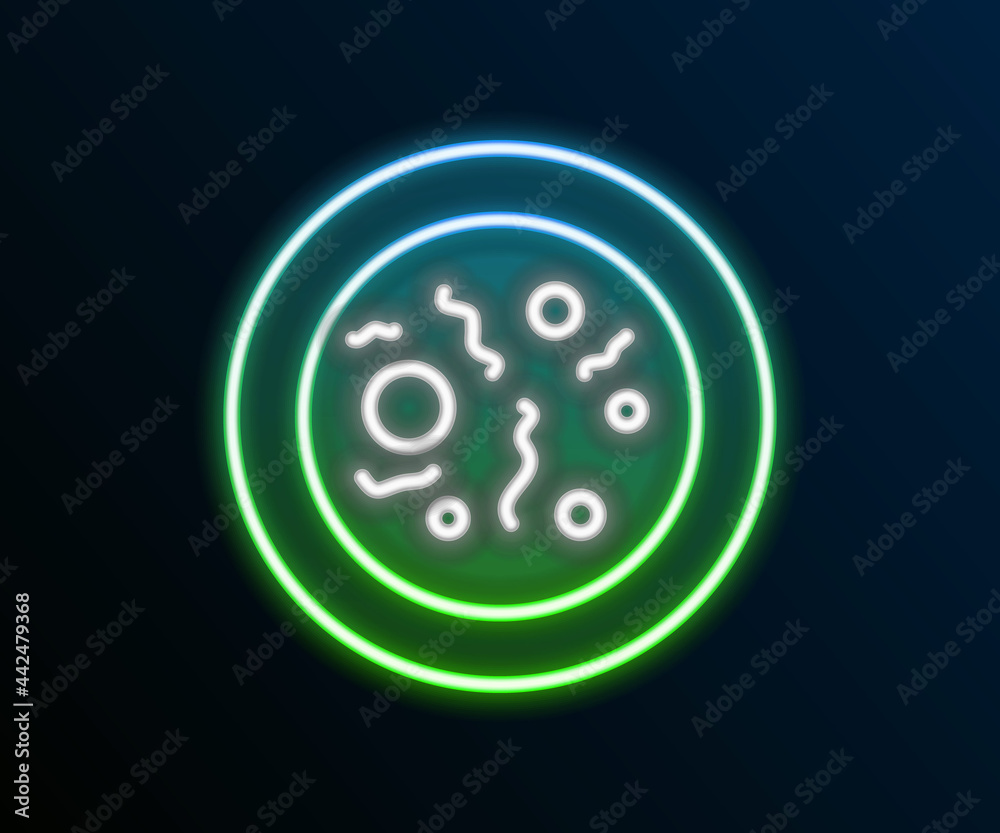Glowing neon line Petri dish with bacteria icon isolated on black background. Colorful outline concept. Vector Glowing neon line Petri dish with bacteria icon isolated on black background. Colorful outline concept. Vector