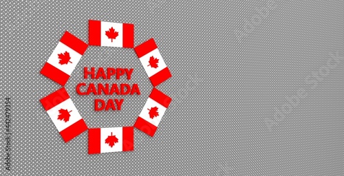 3D Canada flag rotate arrange around happy Canada day text on abstract background for design content. 3D rendering.