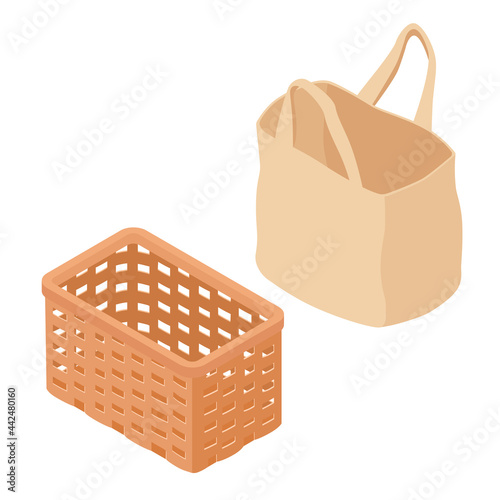 Wicker basket and tote bag isometric view