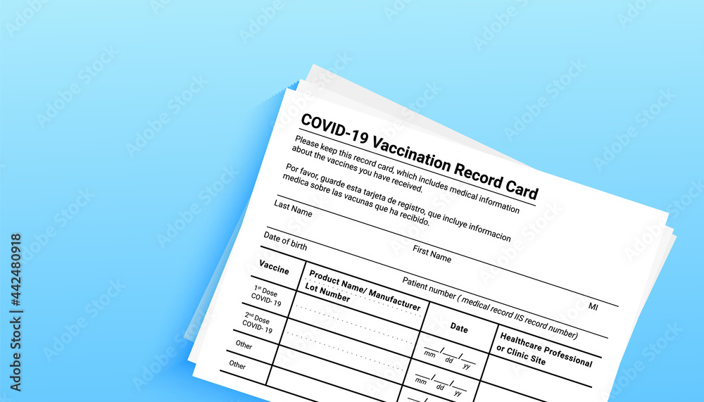 Coronavirus vaccination record card over blue background with copy space for travel and movement without borders. View from above. Concept of defeating Covid-19. Vector illustration banner