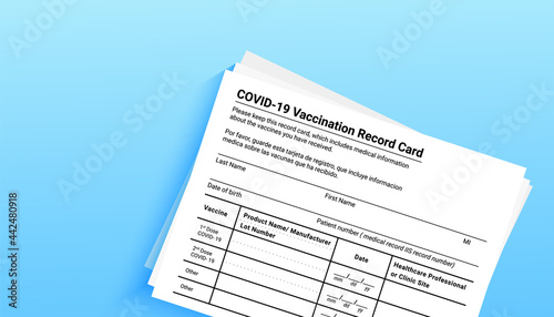 Coronavirus vaccination record card over blue background with copy space for travel and movement without borders. View from above. Concept of defeating Covid-19. Vector illustration banner
