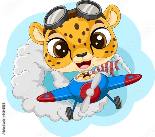 Cartoon baby leopard operating a plane