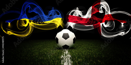Football tournament. Football with national flags of Ukraine and England. Soccer ball and text. 3d rendering. Soccer match. Euro cup or world cup.