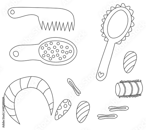 linear icons on the theme of hairstyles. A headband, hairpins, a mirror, a comb, curlers drawn by hand with an outline