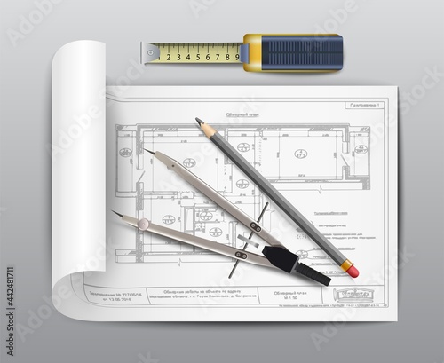 3d realistic vector design project icon with paper roll, measuring tool, pencil and ruler.