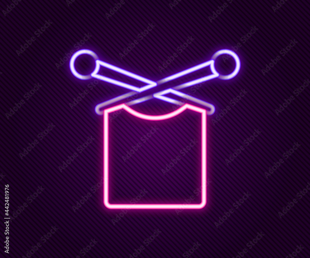 Glowing neon line Knitting icon isolated on black background. Wool emblem with knitted fabric and needle. Label for hand made, knitting or tailor shop. Colorful outline concept. Vector Glowing neon line Knitting icon isolated on black background. Wool emblem with knitted fabric and needle. Label for hand made, knitting or tailor shop. Colorful outline concept. Vector