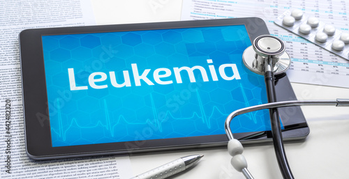 The word Leukemia  on the display of a tablet photo