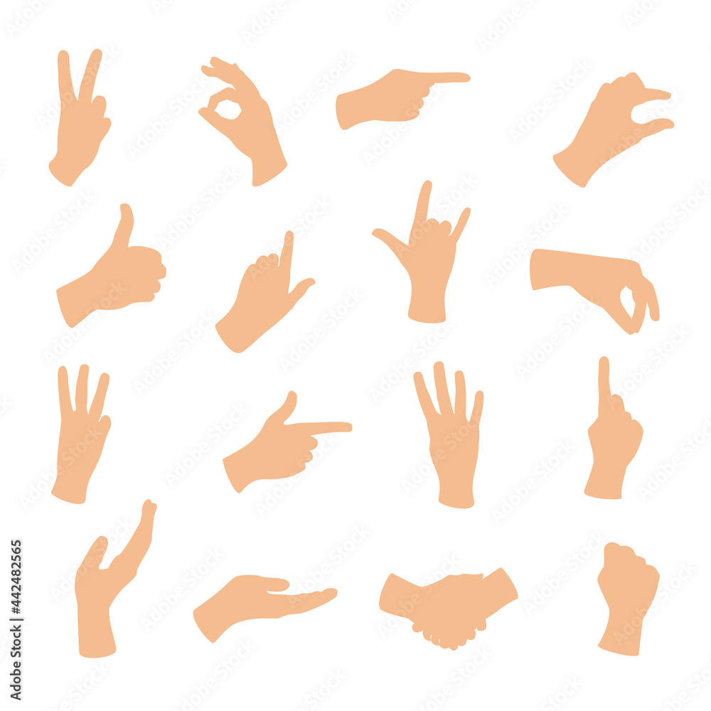 Obraz premium Gesturing hands. Hand with counting gestures, forefinger sign. Open arm showing signal and handshake, interactive communication set