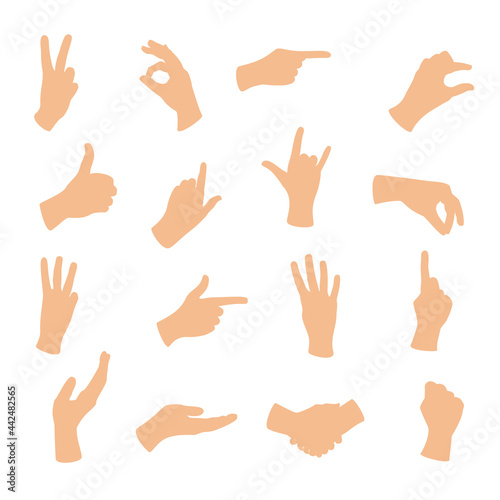 Gesturing hands. Hand with counting gestures, forefinger sign. Open arm showing signal and handshake, interactive communication set
