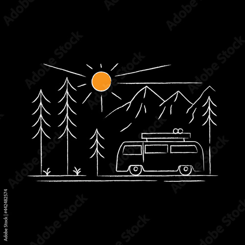 landscape design of mountains and van car in mono line art, patch badge design, emblem design, T-Shirt Design