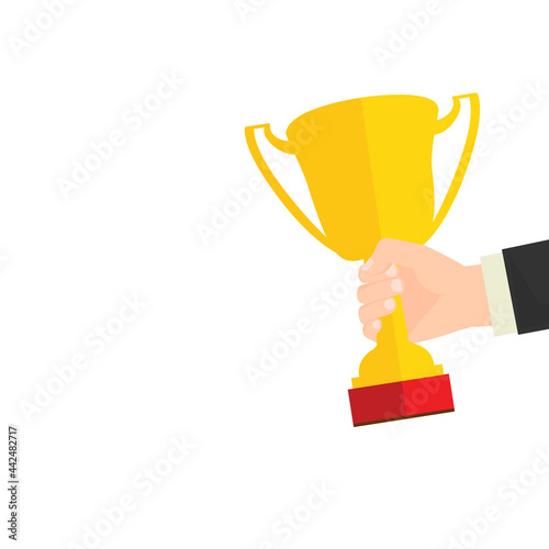 Business goal achievement vector concept, flat style happy successful businessman holding golden cup award in hand, leadership idea, first place prize victory, competition winner