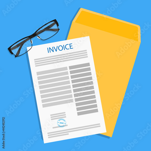 Invoice, glasses and folder isolated on blue background. Payment and bill invoice concept