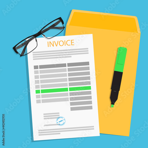 Invoice, glasses and folder isolated on blue background. Payment and bill invoice concept