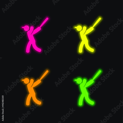 Baseball Player four color glowing neon vector icon