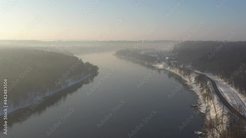 Nemunas river in cold winter morning. Drone aerial view
