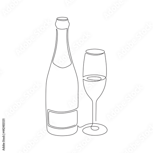 Hand drawn logo bottle of champagne and glass, one line art, stylized continuous contour. Doodle, sketch style. Isolated. Vector illustration