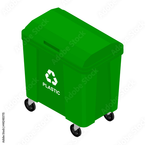 Isometric green garbage trash bin can dustbin container isolated on white background