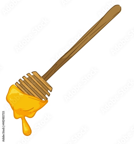 Wooden honey dipper with sweet nectar dripping