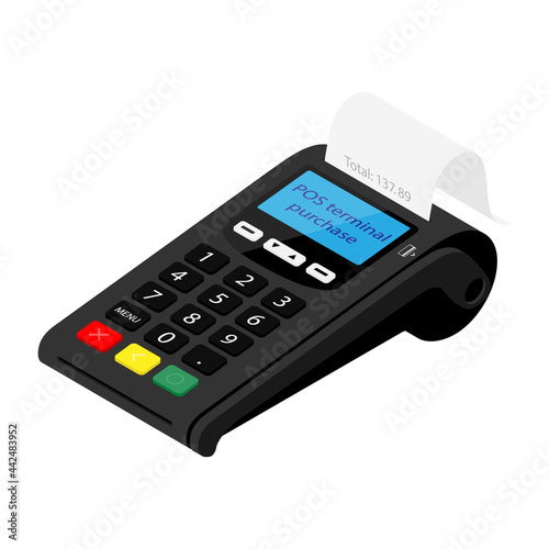 POS Terminal payment machine isolated on white background. Bank Payment Terminal. Processing NFC payments device. Isometric view