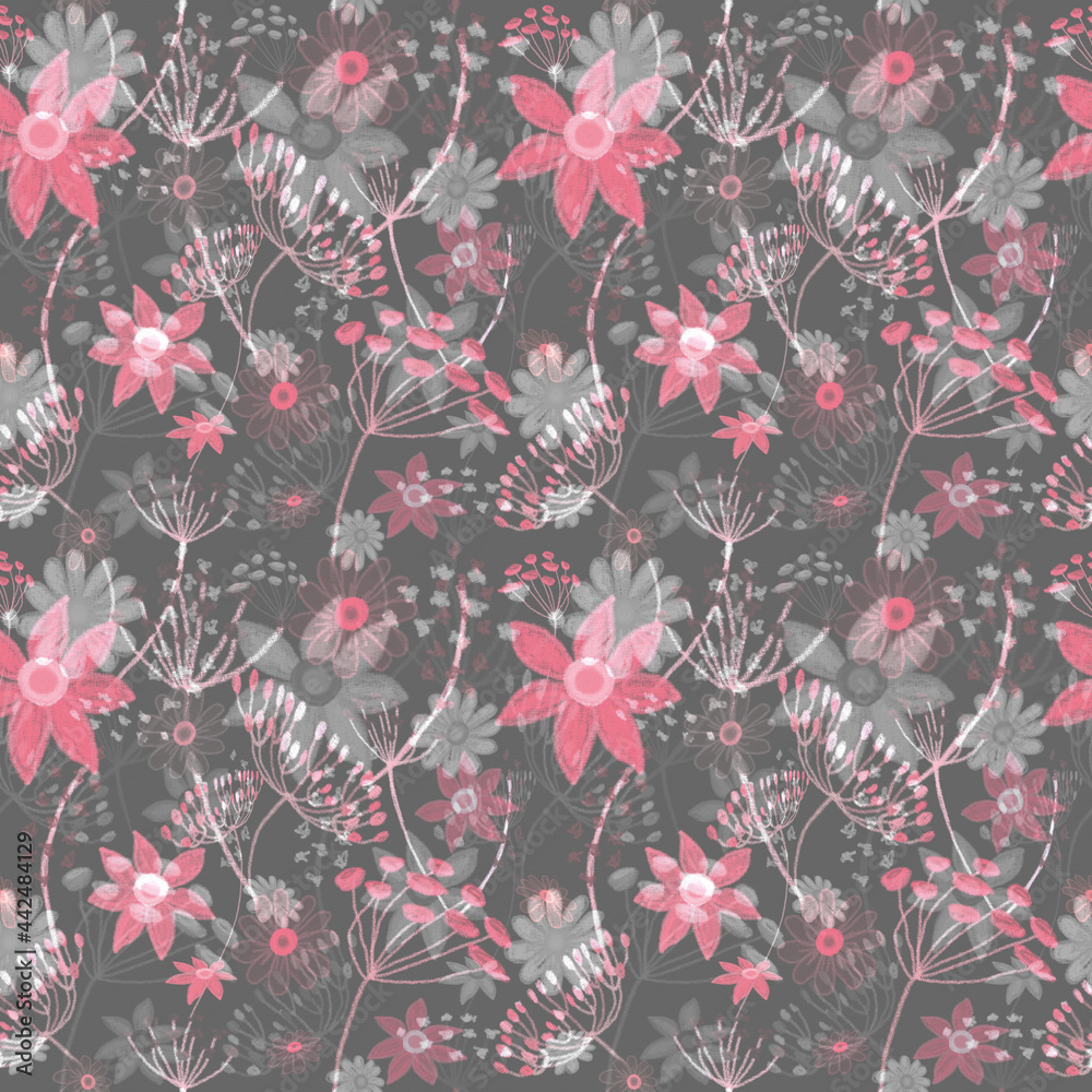 Seamless floral pattern, drawing with pastels, twigs, flowers and berries. Seamless floral pattern, drawing with pastels, twigs, flowers and berries.