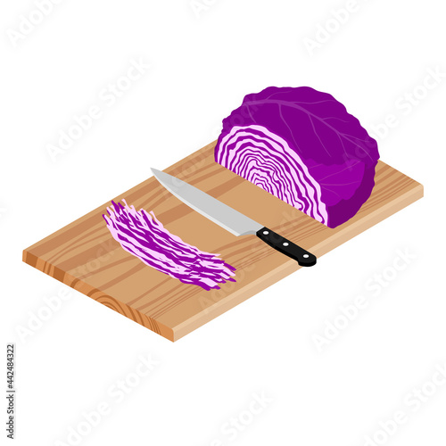 Red cabbage, knife and cutted cabbage on wooden chopping board