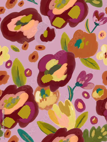 Seamless pattern with abstract hand painted gouache technique flowers. Can be used for textile design  fabric  clothes design  wallpapers.