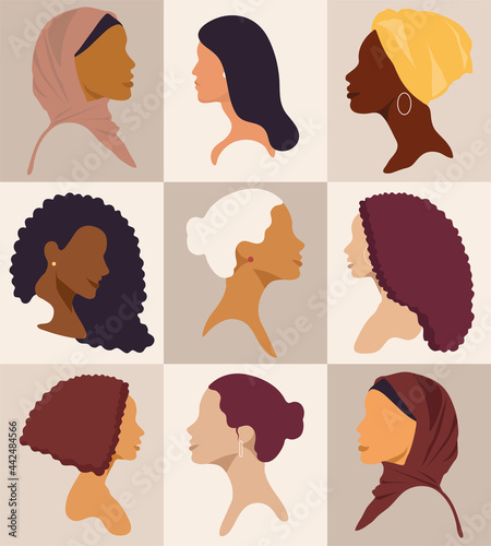 Female diverse faces of different ethnicity pattern. Set of 9 faces. Women empowerment movement pattern. International women's day graphic in vector.