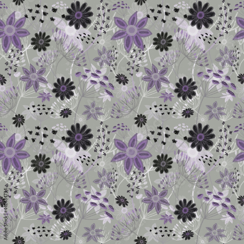 Seamless floral pattern, drawing with pastels, twigs, flowers and berries.