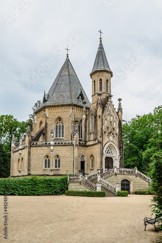 Spring view of Schwarzenberg Tomb near Trebon, Czech Republic.Neo-gothic building with tower and majestic double staircase is surrounded by English park.Architectural popular tourist monument